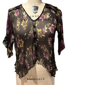 Free‎ People Floral Sheer Button Up Top Bohemian Blouse 3/4 Sleeve S